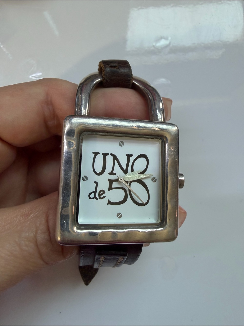 UNO de 50 Silver-Tone Square Watch with Brown Leather Strap